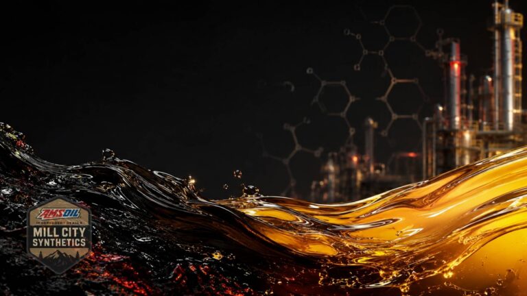 Motor oil flowing from dark crude into refined golden synthetic oil, with an oil refinery and hydrocarbon molecules in the background.